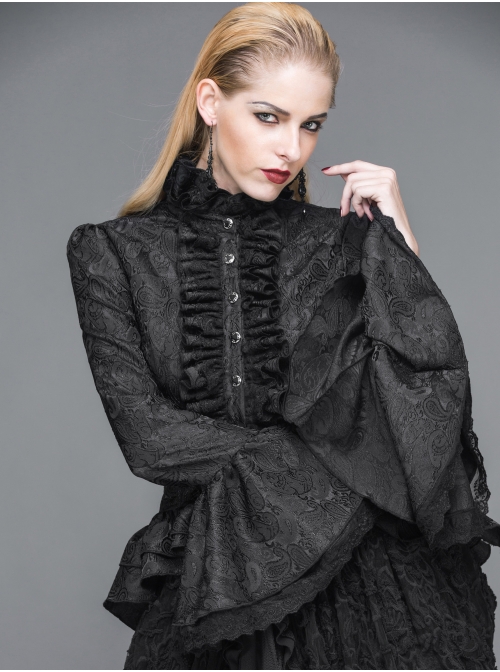 Jacquard Horn Cuff Lace Frilly Hem Back Lace-Up Pattern Buckle Gothic Black Blouse
