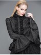 Jacquard Horn Cuff Lace Frilly Hem Back Lace-Up Pattern Buckle Gothic Black Blouse