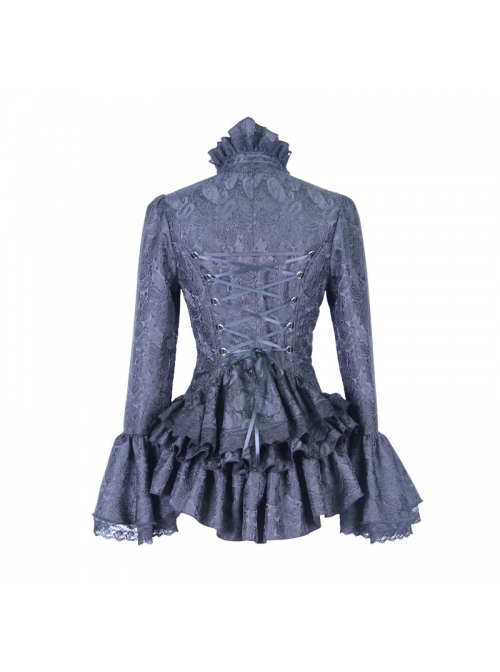 Jacquard Horn Cuff Lace Frilly Hem Back Lace-Up Pattern Buckle Gothic Black Blouse