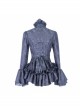 Jacquard Horn Cuff Lace Frilly Hem Back Lace-Up Pattern Buckle Gothic Black Blouse