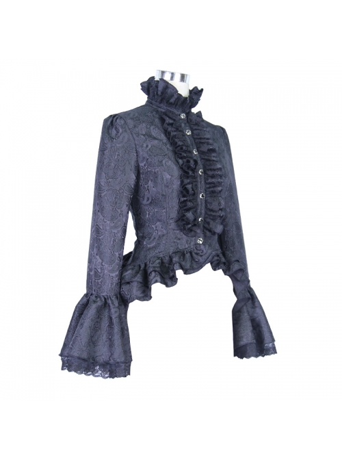 Jacquard Horn Cuff Lace Frilly Hem Back Lace-Up Pattern Buckle Gothic Black Blouse