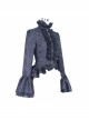 Jacquard Horn Cuff Lace Frilly Hem Back Lace-Up Pattern Buckle Gothic Black Blouse