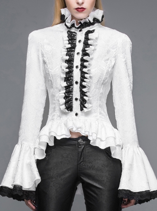 Jacquard Black Horn Cuff Lace Frilly Hem Back Lace-Up Pattern Buckle Gothic White Blouse