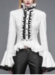 Jacquard Black Horn Cuff Lace Frilly Hem Back Lace-Up Pattern Buckle Gothic White Blouse
