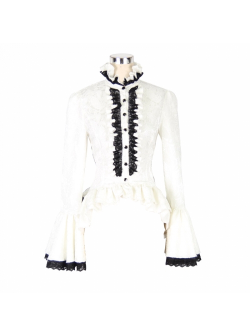 Jacquard Black Horn Cuff Lace Frilly Hem Back Lace-Up Pattern Buckle Gothic White Blouse