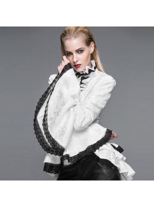 Jacquard Black Horn Cuff Lace Frilly Hem Back Lace-Up Pattern Buckle Gothic White Blouse
