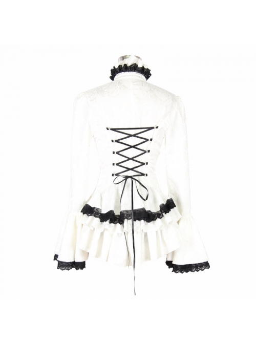 Jacquard Black Horn Cuff Lace Frilly Hem Back Lace-Up Pattern Buckle Gothic White Blouse
