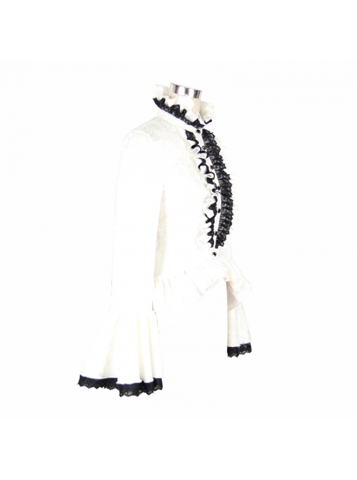 Jacquard Black Horn Cuff Lace Frilly Hem Back Lace-Up Pattern Buckle Gothic White Blouse