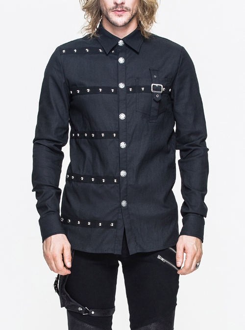 Black Asymmetrical Herringbone Braid Nail Long Sleeves Punk Shirt
