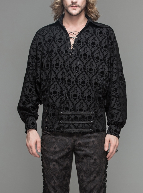 Lace-Up Collar 3D Braid Snap Button Oblique Placket Skull Printing Black Gothic Shirt