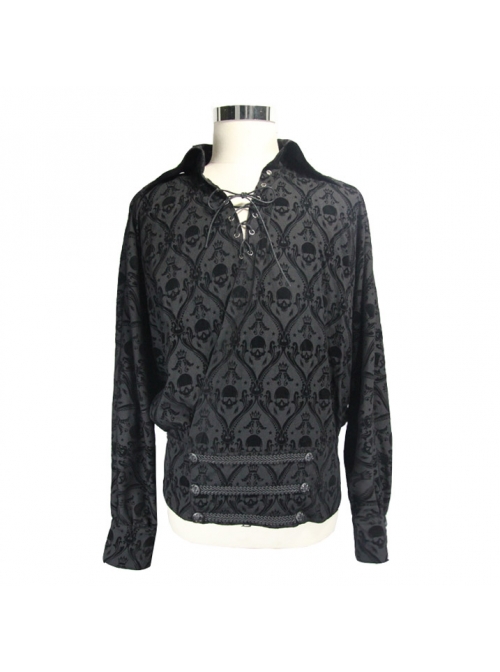 Lace-Up Collar 3D Braid Snap Button Oblique Placket Skull Printing Black Gothic Shirt