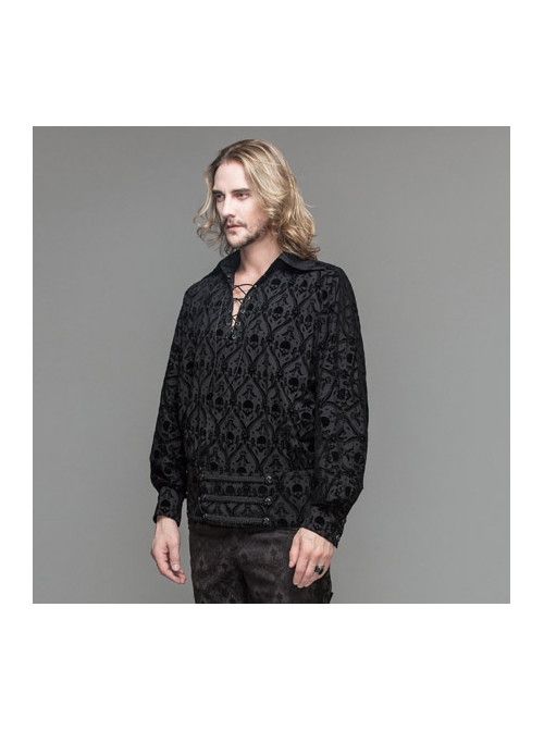 Lace-Up Collar 3D Braid Snap Button Oblique Placket Skull Printing Black Gothic Shirt