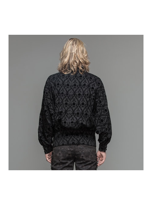 Lace-Up Collar 3D Braid Snap Button Oblique Placket Skull Printing Black Gothic Shirt