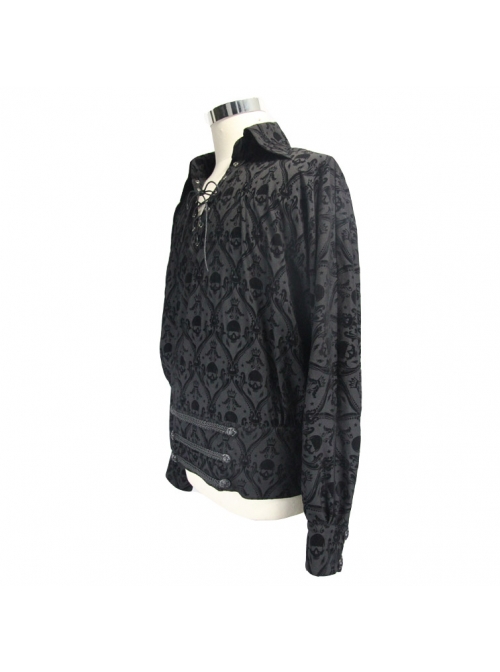 Lace-Up Collar 3D Braid Snap Button Oblique Placket Skull Printing Black Gothic Shirt