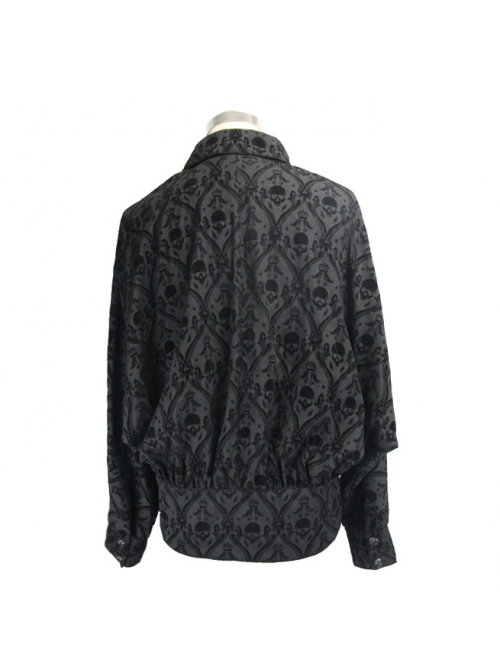 Lace-Up Collar 3D Braid Snap Button Oblique Placket Skull Printing Black Gothic Shirt