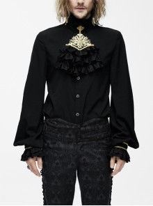 Gold Embroidered Bow Tie Chest Frilly Lace Cuff Black Gothic Chiffon Shirt