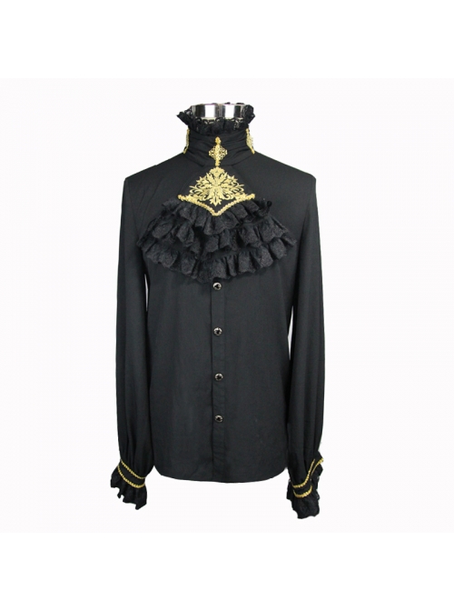 Gold Embroidered Bow Tie Chest Frilly Lace Cuff Black Gothic Chiffon Shirt