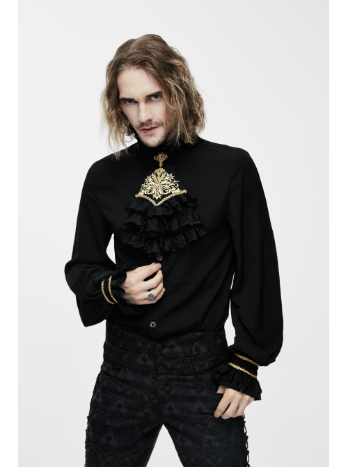 Gold Embroidered Bow Tie Chest Frilly Lace Cuff Black Gothic Chiffon Shirt
