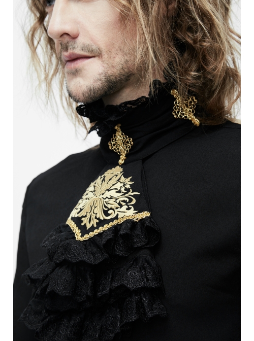 Gold Embroidered Bow Tie Chest Frilly Lace Cuff Black Gothic Chiffon Shirt