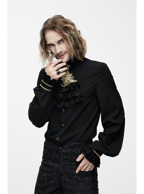 Gold Embroidered Bow Tie Chest Frilly Lace Cuff Black Gothic Chiffon Shirt