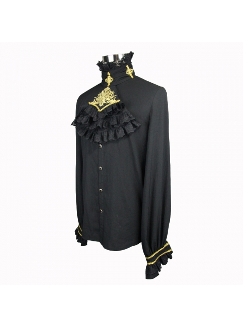 Gold Embroidered Bow Tie Chest Frilly Lace Cuff Black Gothic Chiffon Shirt