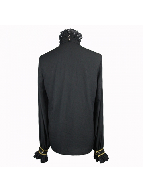 Gold Embroidered Bow Tie Chest Frilly Lace Cuff Black Gothic Chiffon Shirt