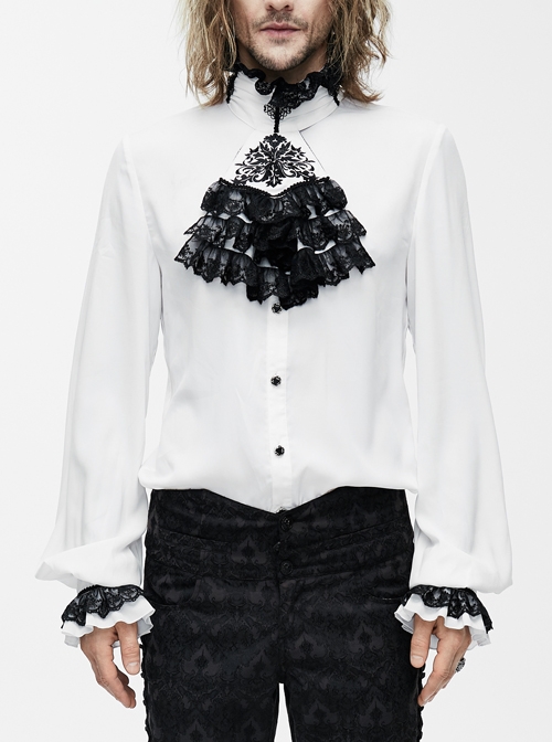 Black Embroidered Bow Tie Chest Frilly Lace Cuff White Gothic Chiffon Shirt
