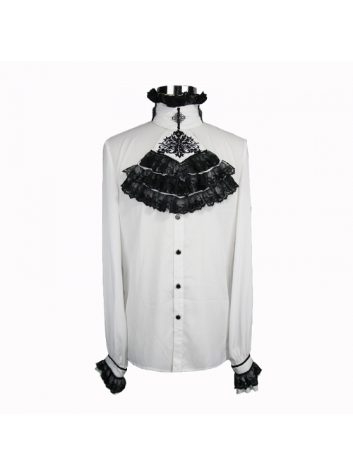 Black Embroidered Bow Tie Chest Frilly Lace Cuff White Gothic Chiffon Shirt
