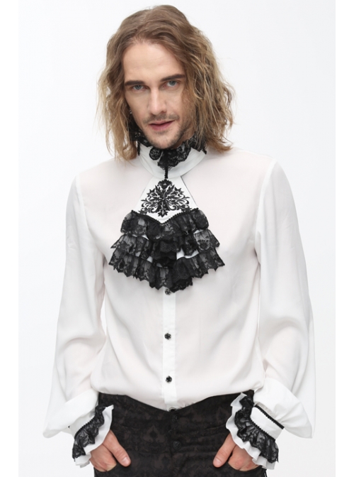 Black Embroidered Bow Tie Chest Frilly Lace Cuff White Gothic Chiffon Shirt