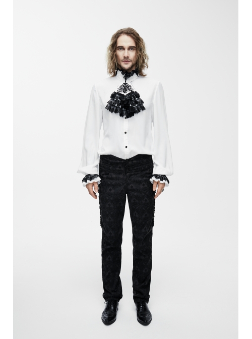 Black Embroidered Bow Tie Chest Frilly Lace Cuff White Gothic Chiffon Shirt