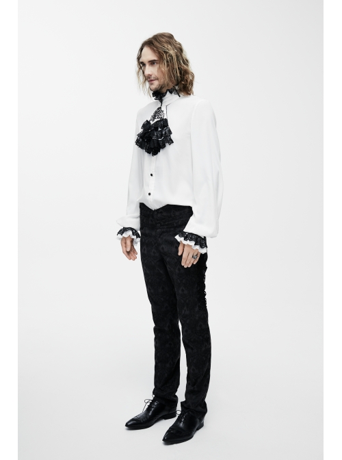 Black Embroidered Bow Tie Chest Frilly Lace Cuff White Gothic Chiffon Shirt
