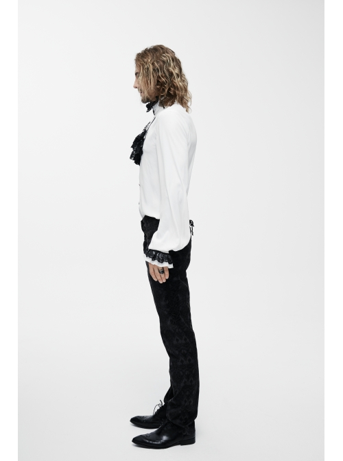 Black Embroidered Bow Tie Chest Frilly Lace Cuff White Gothic Chiffon Shirt