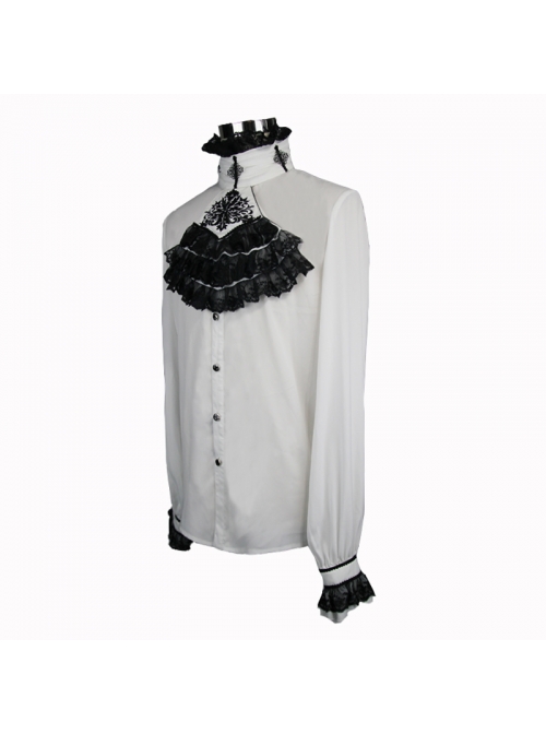 Black Embroidered Bow Tie Chest Frilly Lace Cuff White Gothic Chiffon Shirt