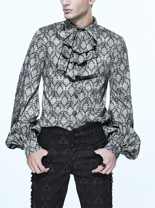 Silver Jacquard Black Pattern Frilly Collar Long Sleeves Gothic Shirt