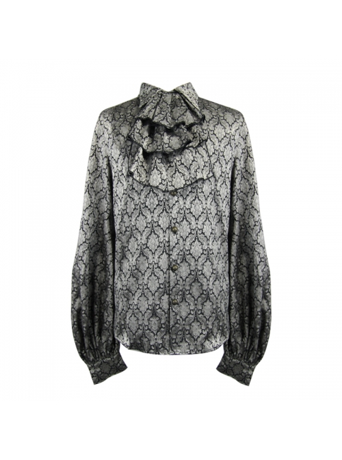 Silver Jacquard Black Pattern Frilly Collar Long Sleeves Gothic Shirt