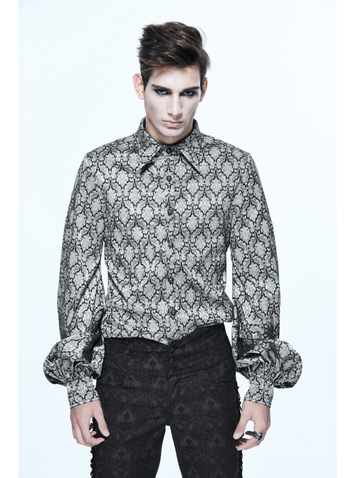 Silver Jacquard Black Pattern Frilly Collar Long Sleeves Gothic Shirt