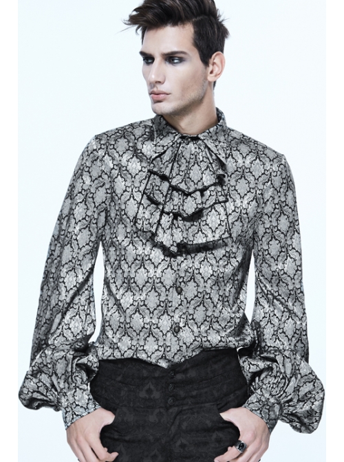 Silver Jacquard Black Pattern Frilly Collar Long Sleeves Gothic Shirt