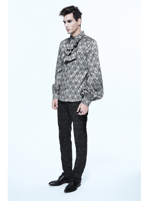 Silver Jacquard Black Pattern Frilly Collar Long Sleeves Gothic Shirt