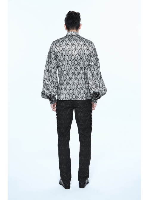 Silver Jacquard Black Pattern Frilly Collar Long Sleeves Gothic Shirt
