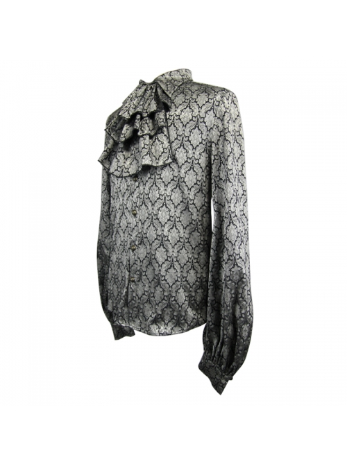 Silver Jacquard Black Pattern Frilly Collar Long Sleeves Gothic Shirt