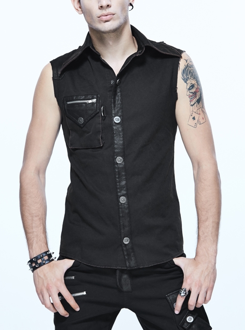 Black Twill One-Shoulder Armor Heat Seal Hasp Punk Sleeveless Shirt