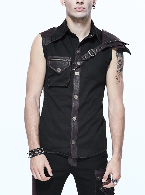 Black Twill Brown One-Shoulder Armor Heat Seal Hasp Punk Sleeveless Shirt