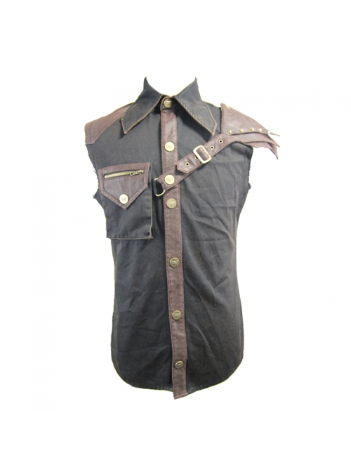 Black Twill Brown One-Shoulder Armor Heat Seal Hasp Punk Sleeveless Shirt