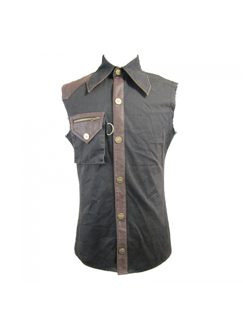 Black Twill Brown One-Shoulder Armor Heat Seal Hasp Punk Sleeveless Shirt