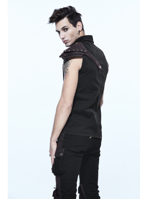 Black Twill Brown One-Shoulder Armor Heat Seal Hasp Punk Sleeveless Shirt