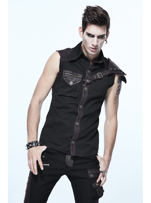 Black Twill Brown One-Shoulder Armor Heat Seal Hasp Punk Sleeveless Shirt