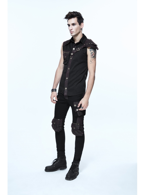 Black Twill Brown One-Shoulder Armor Heat Seal Hasp Punk Sleeveless Shirt