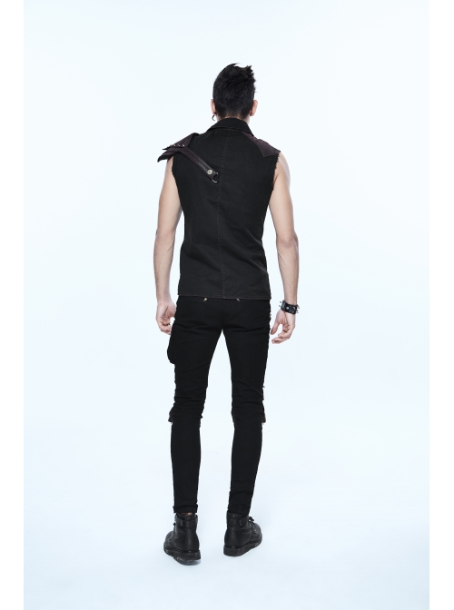 Black Twill Brown One-Shoulder Armor Heat Seal Hasp Punk Sleeveless Shirt