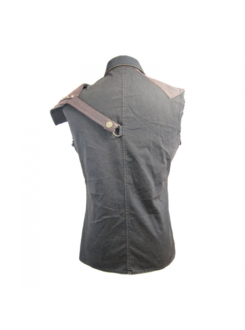 Black Twill Brown One-Shoulder Armor Heat Seal Hasp Punk Sleeveless Shirt