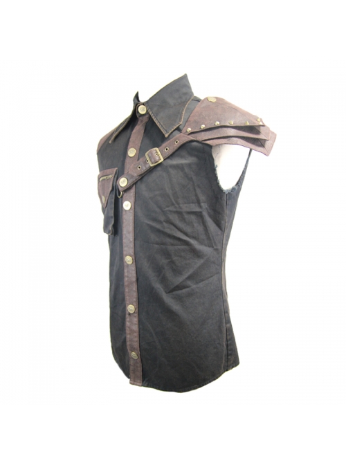 Black Twill Brown One-Shoulder Armor Heat Seal Hasp Punk Sleeveless Shirt